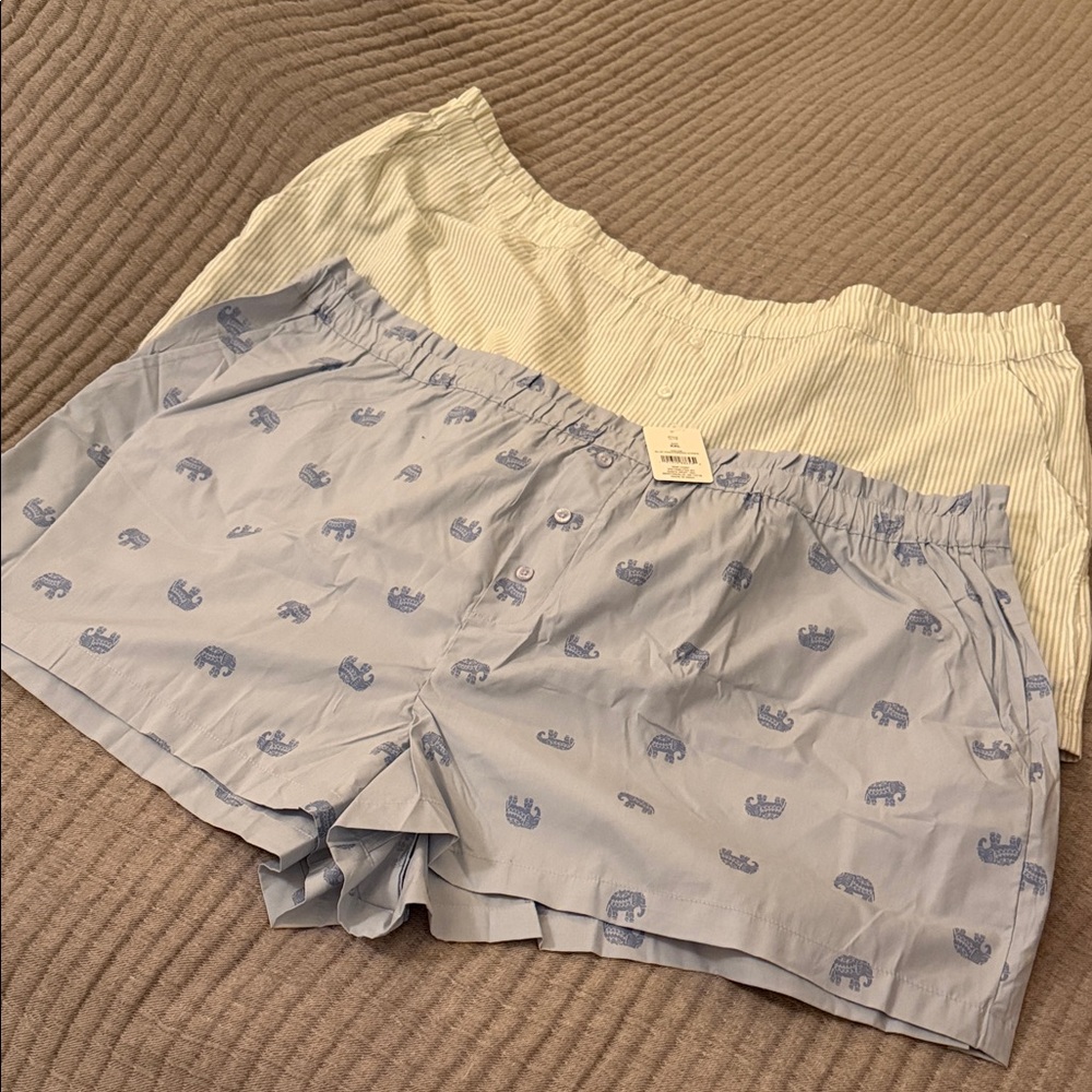Women’s Two Boxer Shorts - White and Green Striped and Blue with Elephant Design